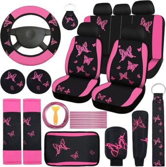 43 Pcs Butterfly Car Seat Full Set Butterfly Car Accessories for Women 5 Front Rear Seat Covers Wrist Strap 2 Pieces Cup Mat Armrest Pad 2 Seat Belt Cover Accessories for SUV...