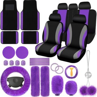 47 Pcs Car Seat Cover Full Set Car Accessories for Car Front Rear Seat Cover Fluffy Steering Wheel Cover Seat Belt Automotive Floor Mats Car Air Conditioner Decoration Strip...