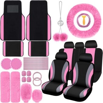 47 Pcs Car Seat Cover Full Set Car Accessories for Car Front Rear Seat Cover Fluffy Steering Wheel Cover Seat Belt Automotive Floor Mats Car Air Conditioner Decoration Strip...