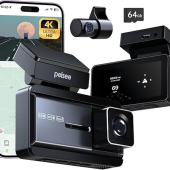 4K Dash Cam Front and Rear, 64GB SD Card, Pelsee 4K+1080P Dual Dash Camera for Cars with Wi-Fi, GPS, ADAS, BSD, 3’’ IPS Display Car Camera, APP & Voice Control, Night Vision,...