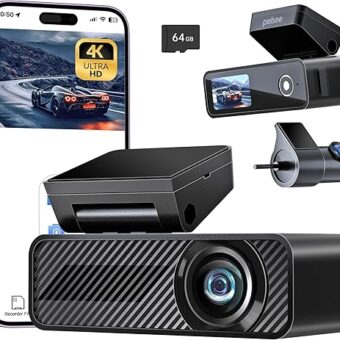 4K Dash Cam Front and Rear, 64GB SD Card, Pelsee 4K+1080P Dual Dash Camera for Cars, Wi-Fi & App Control, 1.5’’IPS Display Car Camera, Voice Control, Night Vision, 24H Parking...