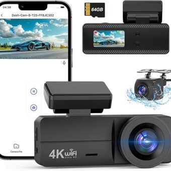 4K Dash Cam Front and Rear, WiFi Dash Cam with 64GB Card, 4K+1080P Dash Camera for Cars, Wireless WiFi Car Camera with App Control, 1.47" Screen DashCam with 24H Parking...