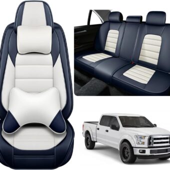 5 Full Seat Cover with Pillow for Ford F150 2009-2024, Waterproof Nappa Leather Full Coverage Truck Seat Cover, Muscle Sport Style, Compatible Airbag Auto Interior Covers...