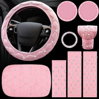 9 Pcs Bling Car Accessories Set for Women, Diamond Steering Wheel Cover, Rhinestone Center Console Pad Seat Safety Belt Pad Handbrake Cover Gear Shift Stick Protector Car Emblem...