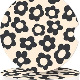 Abstract Black Flower Absorbent Car Cup Coasters,Cup Holders,Cork Base Drink Coasters with Finger Notch for Easy Move of Car Cup Holder for Women Men 2.6"(2 Pieces)