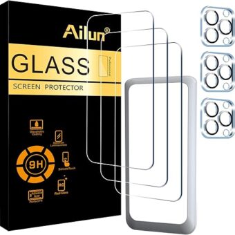 Ailun 3 Pack Screen Protector for iPhone 15 Pro Max [6.7 inch] + 3 Pack Camera Lens Protector with Installation Frame,Sensor Protection,Dynamic Island Compatible,Case Friendly...