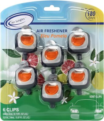 Air Jungles Eleu Pomelo Scent Car Air Freshener Clip, 6 Car Freshener Vent Clips, 4 ml Each, Long Lasting Air Freshener for Car, Up to 180 Days Car Refresher Odor Eliminator