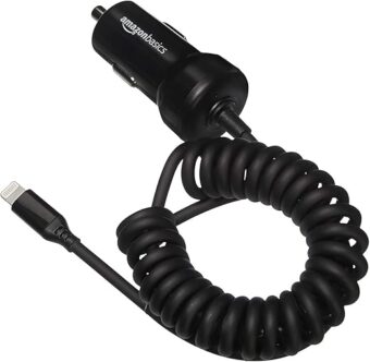 Amazon Basics 12W (5V, 2.4A) Car Charger with Lightning Cable (Coiled) for iPhone and Apple Devices, 1.5 ft - Black