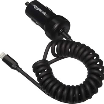 Amazon Basics 12W (5V, 2.4A) Car Charger with Lightning Cable (Coiled) for iPhone and Apple Devices, 1.5 ft - Black