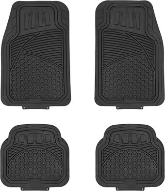 Amazon Basics Heavy Duty PVC Faux Rubber Car Floor Mats Universal Deluxe，All Weather Trim To Fit for 95% Automotive SUV Sedans Trucks，4-Piece Solid Black