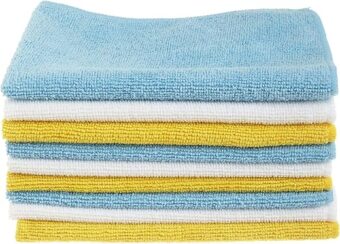 Amazon Basics Microfiber Cleaning Cloths, Non-Abrasive, Reusable and Washable, Pack of 24, Blue/White/Yellow, 16" x 12"