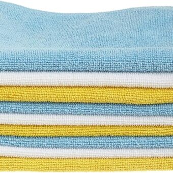 Amazon Basics Microfiber Cleaning Cloths, Non-Abrasive, Reusable and Washable, Pack of 24, Blue/White/Yellow, 16" x 12"