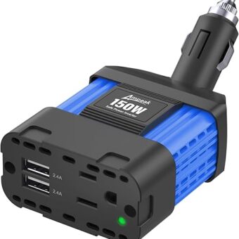 Ampeak 150W Car Power Inverter 4.8A Dual USB Ports AC Outlet 11 Safe Protections Cordless Car Inverter 12V to 110V for iPhone, iPad, Laptop