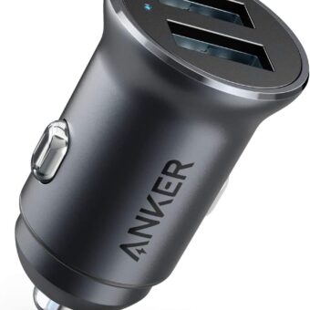 Anker 320 Car Charger (24W II), Mini Aluminum Alloy Dual USB with Blue LED for iPhone15 14 13 12 Series, iPad Pro/Air 2/Mini, Galaxy and More - Not Compatible with Quick Charge