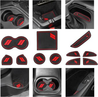 Anti-Dust Trim Mats Fit for 2015-2020 Dodge Challenger, Custom Interior Shifter Liner for Cup Holder Insert, Door Pocket, Center Console(11pcs, Red)