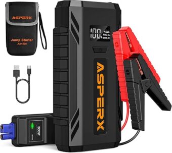 ASPERX Car Jump Starter, 1500A Peak Battery Starter for Up to 7.0L Gas or 5.5L Diesel Engine, 12V Portable Power Pack with 1.4 INCH LCD Display