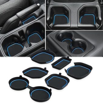 Auovo Auto Cup Holder Inserts Coaster Fit for 2020-2024 Gladiator JT Accessories Center Console Mat Pad Interior Decoration(Blue Trim, 6-pcs kit, for deep Rear Cup Holders)