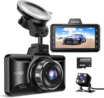 AZDOME Dual Dash Cam Front and Rear, 3 inch 2.5D IPS Screen Free 64GB Card Car Driving Recorder, 1080P FHD Dashboard Camera, Waterproof Backup Camera Night Vision, Park Monitor,...