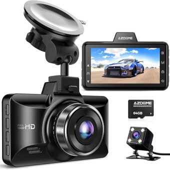 AZDOME Dual Dash Cam Front and Rear, 3 inch 2.5D IPS Screen Free 64GB Card Car Driving Recorder, 1080P FHD Dashboard Camera, Waterproof Backup Camera Night Vision, Park Monitor,...