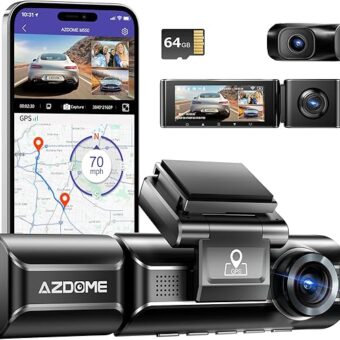 AZDOME M550 3 Channel Dash Cam, 4K+1080P Dual Dash Camera for Cars Built-in WiFi GPS, 1440P+1080P+1080P Front and Rear Inside, 64GB Card Included, 3.19" IPS Screen, WDR, IR...