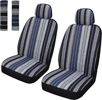 Baja Saddle Blanket Car Seat Covers Front Set with Seat Belt Pads, Washable Breathable Striped Woven Cloth Seat Covers for Cars, Universal Fit Most Cars, Airbag Compatible, Blue