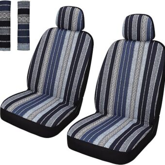 Baja Saddle Blanket Car Seat Covers Front Set with Seat Belt Pads, Washable Breathable Striped Woven Cloth Seat Covers for Cars, Universal Fit Most Cars, Airbag Compatible, Blue