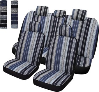 Baja Saddle Blanket Car Seat Covers Full Set with Seat Belt Pads, Washable Breathable Striped Woven Cloth Seat Covers for Cars Interior, Universal Fit Most Cars, Airbag...