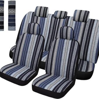 Baja Saddle Blanket Car Seat Covers Full Set with Seat Belt Pads, Washable Breathable Striped Woven Cloth Seat Covers for Cars Interior, Universal Fit Most Cars, Airbag...