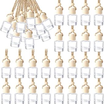 BBTO 50 Pcs Hanging Car Air Freshener Car Diffuser Bottles Empty Glass Perfume Bottle Freshener Diffuser Bottle Pendant for Essential Oil Fragrance Aromatherapy Bottle Ornament...