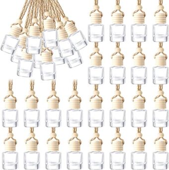 BBTO 50 Pcs Hanging Car Air Freshener Car Diffuser Bottles Empty Glass Perfume Bottle Freshener Diffuser Bottle Pendant for Essential Oil Fragrance Aromatherapy Bottle Ornament...