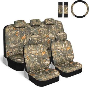 BDK Mossy Oak Camo Car Seat Covers - Full Set with Steering Wheel Cover & Seat Belt Pads - Forest Camouflage Pattern for Cars, Trucks & SUVs