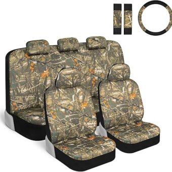 BDK Mossy Oak Camo Car Seat Covers - Full Set with Steering Wheel Cover & Seat Belt Pads - Forest Camouflage Pattern for Cars, Trucks & SUVs