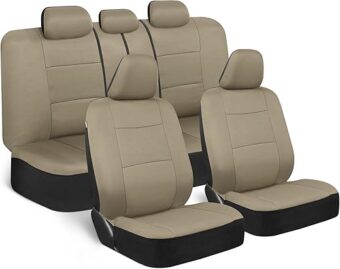 BDK OS-309-AB Tan Trim Black Car Seat Covers Full 9 Piece Set, Sleek & Stylish, Split Option Bench 5 Headrests Front & Rear Bench, Beige