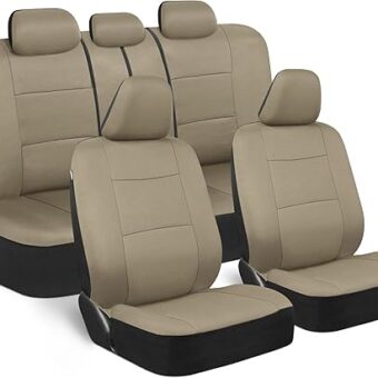 BDK OS-309-AB Tan Trim Black Car Seat Covers Full 9 Piece Set, Sleek & Stylish, Split Option Bench 5 Headrests Front & Rear Bench, Beige