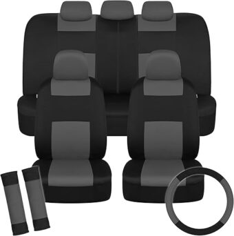 BDK PolyPro Car Seat Covers Full Set in Charcoal on Black with Steering Wheel Cover & Seat Belt Pads – Front and Rear Split Bench Car Seat Cover, Easy to Install, Interior...