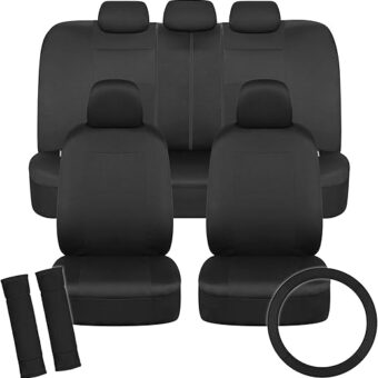 BDK PolyPro Car Seat Covers Full Set in Solid Black with Steering Wheel Cover & Seat Belt Pads – Front and Rear Split Bench Car Seat Cover, Easy to Install, Interior Covers for...