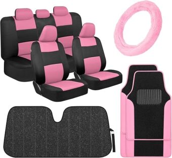 BDK PolyPro Pink Car Seat Covers for Women Gift Set Bundle - Seat Covers for Cars with Carpet Floor Mats, Fur Steering Wheel Cover and Bling Windshield Sunshade