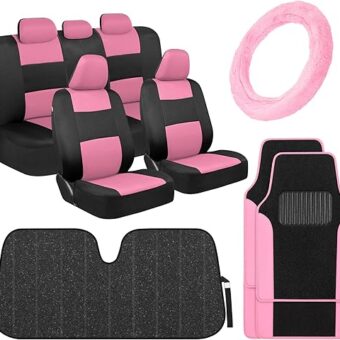 BDK PolyPro Pink Car Seat Covers for Women Gift Set Bundle - Seat Covers for Cars with Carpet Floor Mats, Fur Steering Wheel Cover and Bling Windshield Sunshade