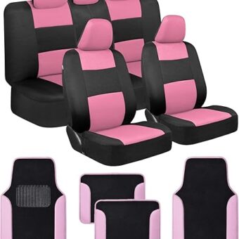 BDK PolyPro Pink Car Seat Covers Full Set with 4-Piece Car Floor Mats - Two-Tone Seat Covers for Cars with Carpet, Interior Covers for Auto Truck Van SUV