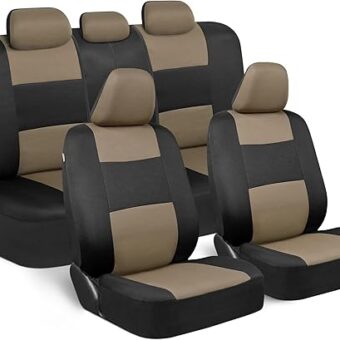 BDK PolyPro Seat Covers Full Set in Beige on Black – Front and Rear Split Bench Seat Covers for Cars, Easy to Install , Car Accessories for Auto Trucks Van SUV