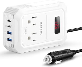 BESTEK 200W Car Power Inverter - DC 12V to 110V AC Converter with 2 USB-C(30W) and 2 USB-QC(18W) - Fast Car Charger Adapter with LCD Screen, Dual AC Adapter for Laptops