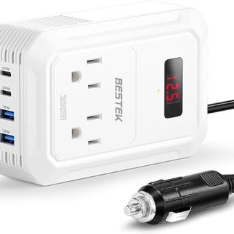 BESTEK 200W Car Power Inverter - DC 12V to 110V AC Converter with 2 USB-C(30W) and 2 USB-QC(18W) - Fast Car Charger Adapter with LCD Screen, Dual AC Adapter for Laptops