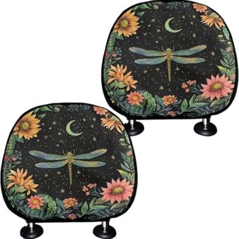 BIGCARJOB Set of 2 Pcs Flower Dragonfly Car Seat Headrest Cover for Women Cute Car Interior Seat Headrest Pillow Cover Set Moon Dragonfly Print Vehicles Head Rest Protector