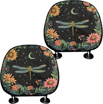 BIGCARJOB Set of 2 Pcs Flower Dragonfly Car Seat Headrest Cover for Women Cute Car Interior Seat Headrest Pillow Cover Set Moon Dragonfly Print Vehicles Head Rest Protector