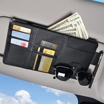 Black Leather Car Sun Visor Organizer, Sunglasses Holder for Car Sun Visor, Auto Visor Storage Document Holder with Multi Pocket