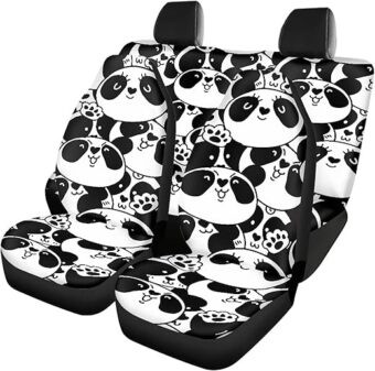 Black White Panda Car Seat Covers Full Set Front and Rear Split Bench Seat Protector for Cars Cover Set Interior Car Accessories