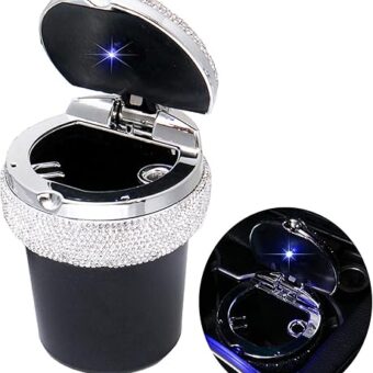 Bling Car Ashtray, Bling Portable Cigarette Smokeless Cylinder Cup Holder with Blue LED Light Indicator, Car Accessories for Women,Ideal for Car,Home and Office, Black.