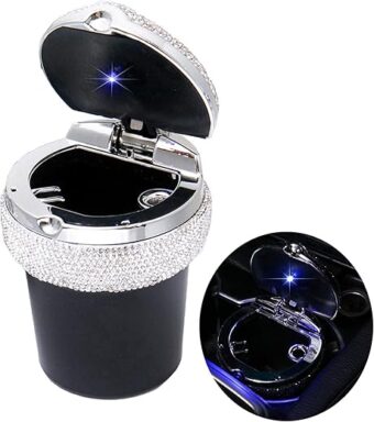 Bling Car Ashtray, Bling Portable Cigarette Smokeless Cylinder Cup Holder with Blue LED Light Indicator, Car Accessories for Women,Ideal for Car,Home and Office, Black.