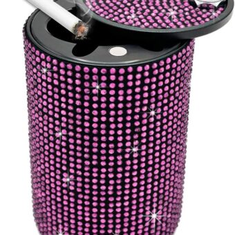 Bling Car Ashtray, Rhinestones Auto Mini Car Ashtray Portable with Lid Smell Proof, Smokeless Vehicle Cigarette Ashtray Ash for Women, Universal Interior Car Accessories (Pink)