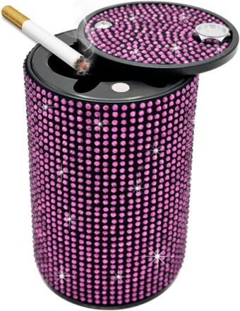 Bling Car Ashtray, Rhinestones Auto Mini Car Ashtray Portable with Lid Smell Proof, Smokeless Vehicle Cigarette Ashtray Ash for Women, Universal Interior Car Accessories (Pink)